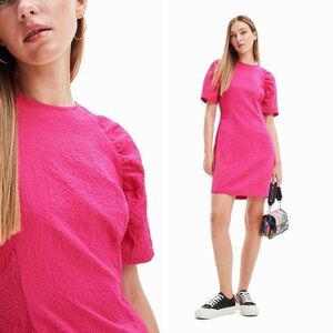 Desigual pink short sleeve textured ruched mini dress size medium